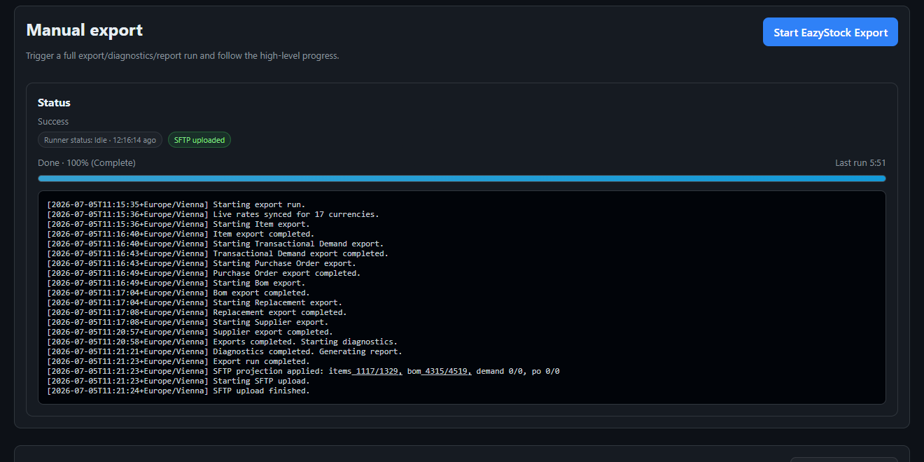 EazyERP Admin-UI: Status-Log eines Exportlaufs von Start bis SFTP-Upload