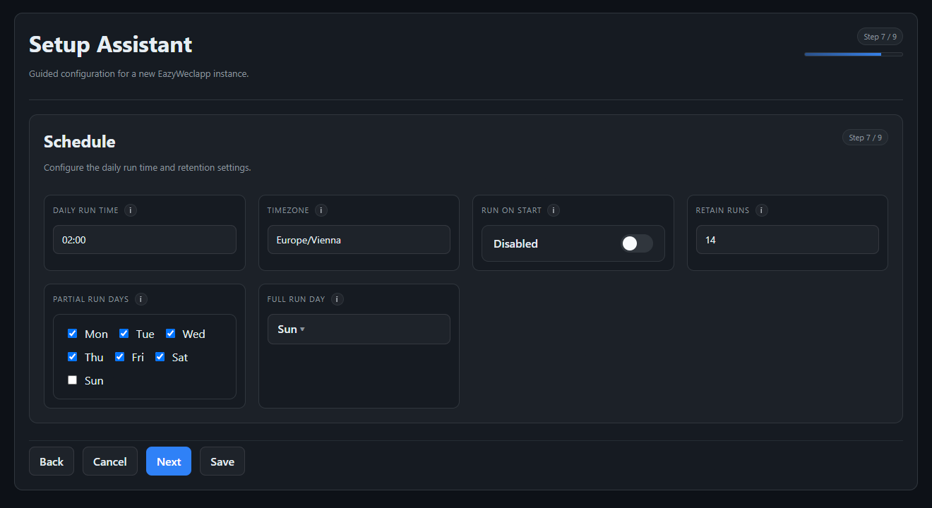 EazyERP Setup-Assistent: Zeitplan mit Laufzeit, Zeitzone und Retention